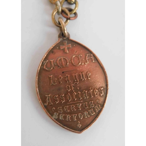 118 - Religious vintage copper fob on gold plate watch chain