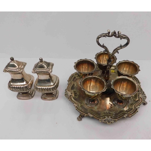 19 - Victorian 5 piece egg cup tray with cups, salt and pepper condiments...