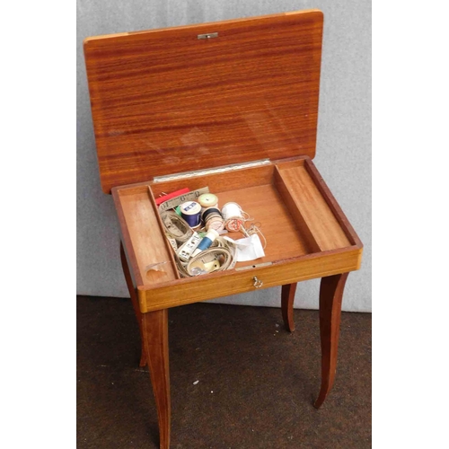 616a - Vintage inlaid sewing table & contents (musical)