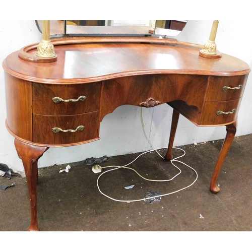 630 - Vintage mirrored kidney dressing table with retro lamps and glass top