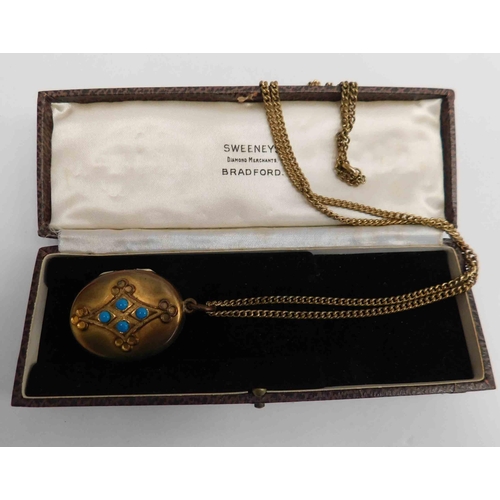 98 - Victorian brass locket on chain with turquoise detail