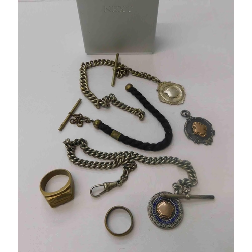 265 - Antique & vintage - gent's accessories including - yellow metal rings, white metal fob watch chains ... 