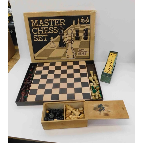 285 - Chess set with spare pieces & domino set