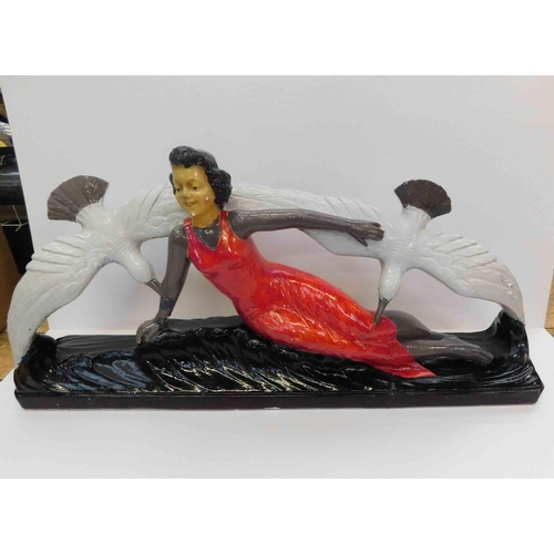 286 - Plaster figural group - lady on a rock with seagulls - approximate length 24