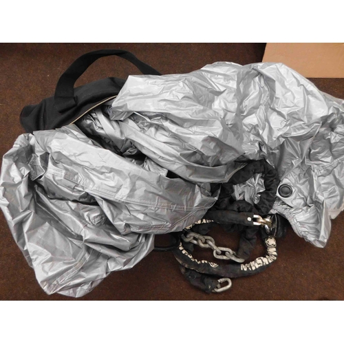 513 - Motorbike rain cover, 2x chains and bike lock