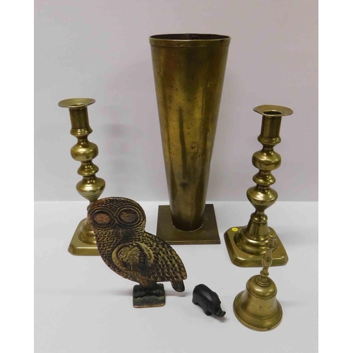 52 - Metal ware including - trench art vase & candlesticks