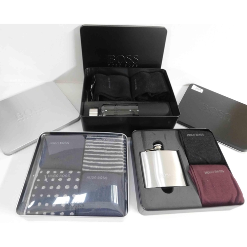 304 - 3x New Hugo Boss gift sets incl. socks, hip flask and glass bottle