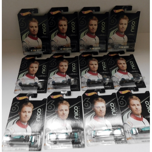 450 - 12x New and carded Hot Wheels - Nico Rosberg diecasts, 3x designs