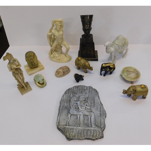 88 - Mixed - Egyptian & classical style items - including scarab beetle, elephants & figures