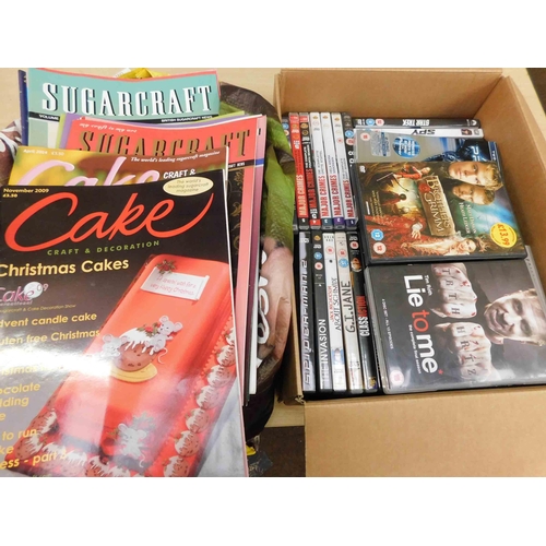 602 - Box of DVDs plus mixed cake decoration magazines