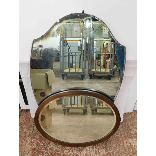 630 - Two vintage mirrors; 1x with oak surround and 1x large shield style