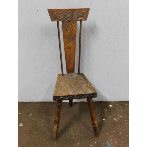 632 - Inlaid medieval style three legged chair