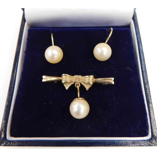 145 - 9ct Gold & real pearl - matching earrings & brooch