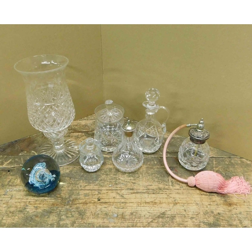 238 - Cut crystal including - tea light holder/silver topped vinegar bottle/perfume bottle & paper weight