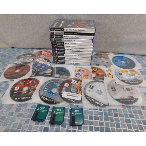 676 - Collection of PlayStation 2 games, many unboxed and in sleeves, plus 3x PS2 memory cards