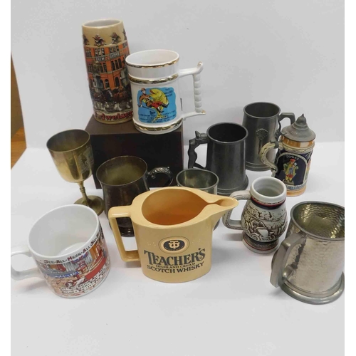 73 - Mixed tankards & jugs - including pewter & silver plate