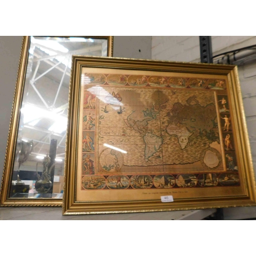 46 - Gilt framed mirror & map approx 19x22