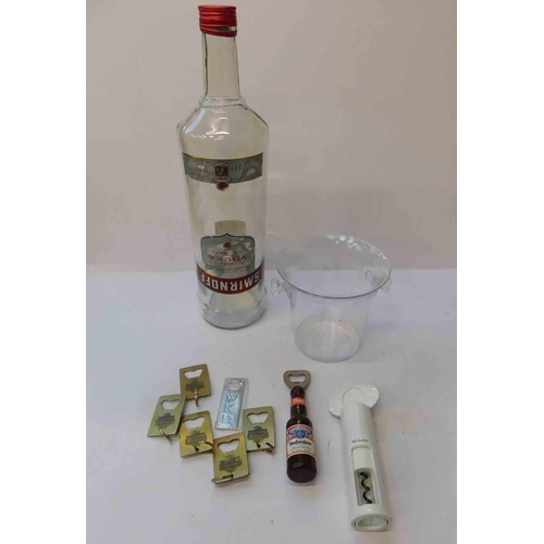 9 - Large optic Smirnoff bottle & eight bottle openers - including Budweiser/Stella/Brabantia/WKD & ice ... 