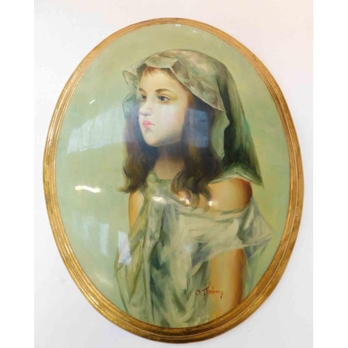 11 - Oval convex - hand painted portrait on wood - signed by the artist - approx. 20