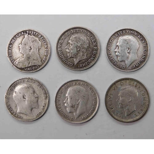 121 - Six - silver 3d coins - Victoria/Edward VII/George V & George VI