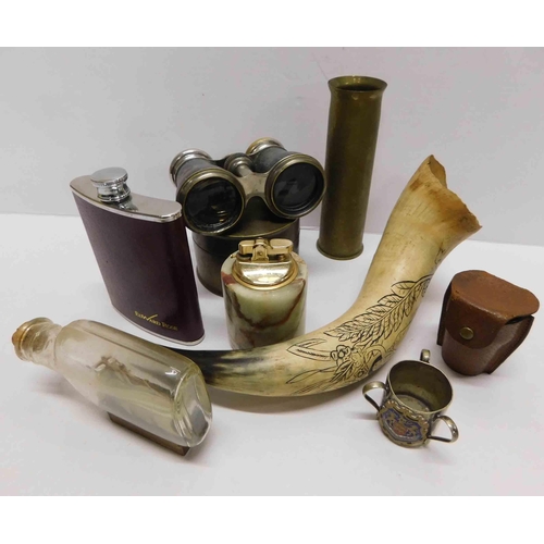 15 - Mixed items including - trench art flask & decorative horn