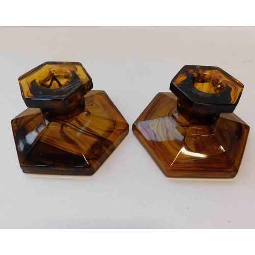 151 - Pair of dwarf - citrine glass candlesticks