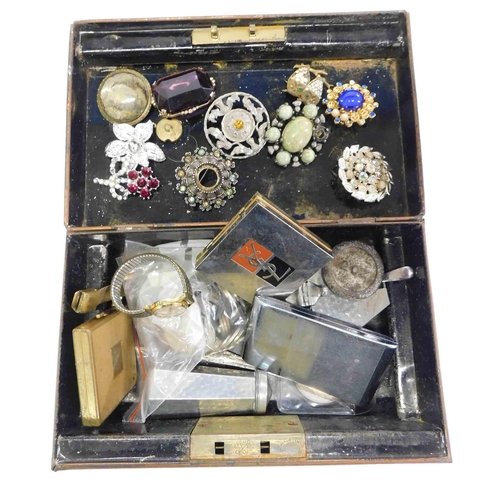 22 - Mixed items including - metal cash tin/brooches/coins/ watches & compacts