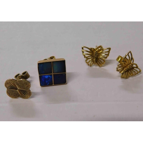 260 - Pair of gold butterfly earrings - & two single gold earrings