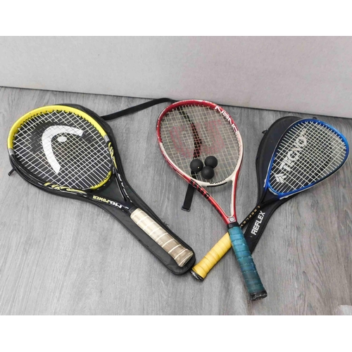 525 - 2x Tennis rackets and squash racket etc.