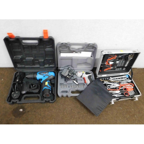 526 - 2x Battery powered drills-unchecked + mini tool box inc spanners etc