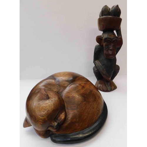 53 - Two - wooden hand carved animals - cat & monkey - cat approx. 12