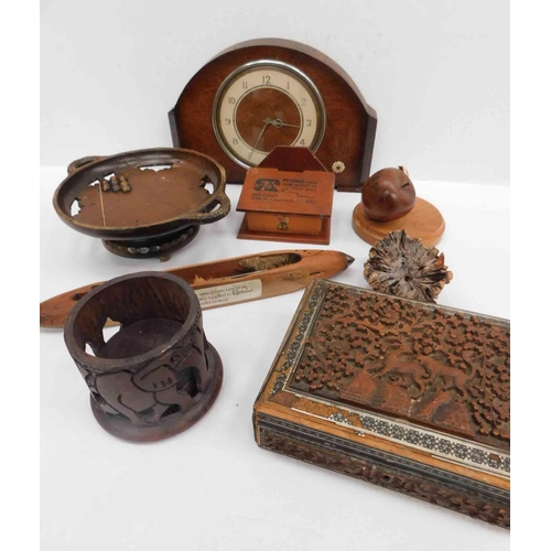 56 - Wood ware including - mantle clock