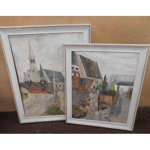 80 - Two - framed original oil on board paintings - street scenes largest 30.5x39