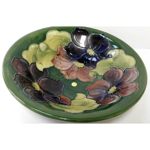 102 - Moorcroft - Clematis on green ground bowl - 25cm diameter - signed with paper label - no damage