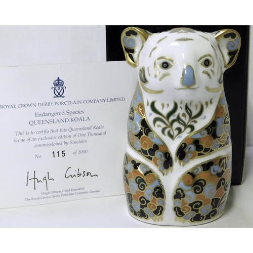 22 - Royal Crown Derby - limited edition Queensland Koala paperweight - 115/1000 gold stopper & cert. - n... 