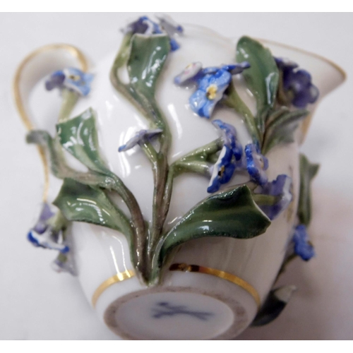 43 - Meissen - small teapot & jug - crossed swords mark from 1815 - slight wear to leaves, iris flowers e... 