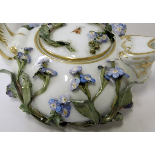 43 - Meissen - small teapot & jug - crossed swords mark from 1815 - slight wear to leaves, iris flowers e... 