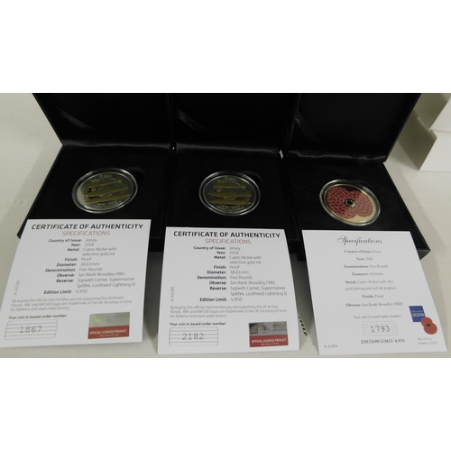 53A - Three - £5 proof coins with paperwork & boxes