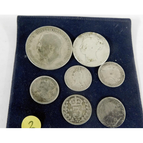 53B - Antique - silver coins including - 1921 George V Florin & Victorian three pence pieces