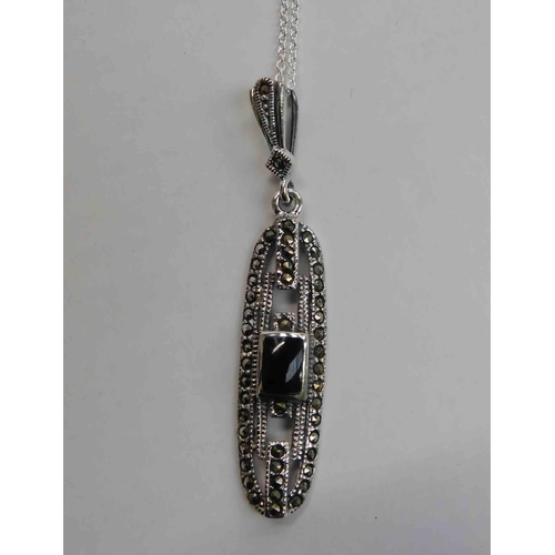 134 - Silver/jet & marcasite - pendant on silver chain