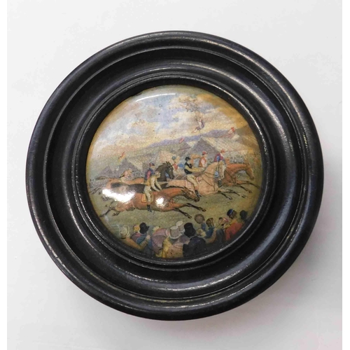 20 - Framed - Victorian Pratt ware/pot lid - racing scene