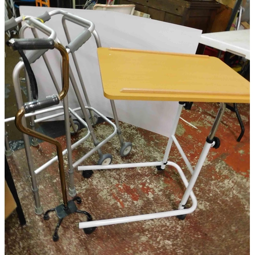 801 - 2 walking frames and stick and overbed table - no buyer commission - bidding from £1 - all proceeds ... 