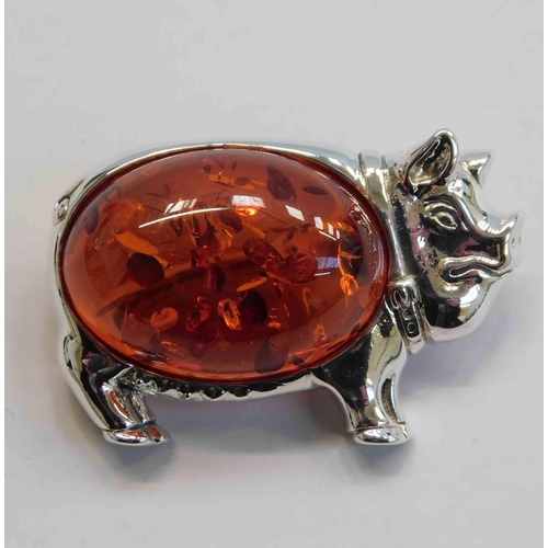154 - Silver & amber - pig brooch