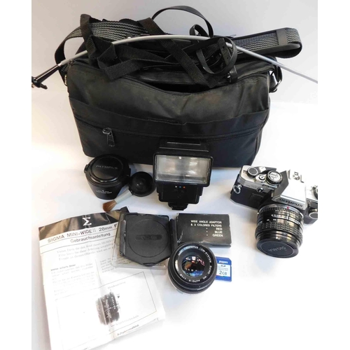 174 - Mixed camera equipment including - Olympus camera/bag /instructions/lenses & flash