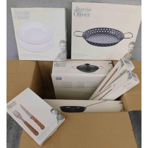576 - Box of new and boxed Jamie Oliver BBQ items incl. frying pan and chicken roaster