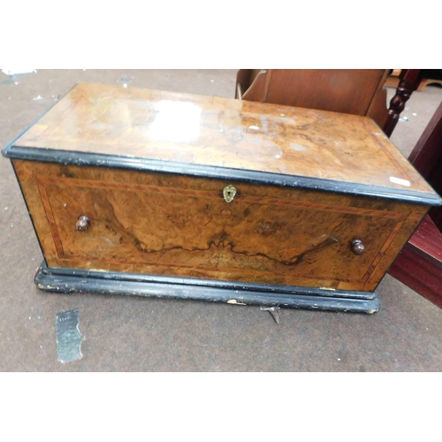 621 - Small inlaid box with pull down front approx 32x16