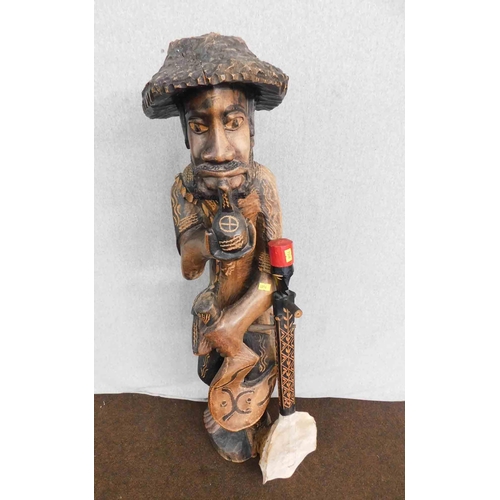 663 - Tortoise shell Chinese banjo and carved wooden statue (large approx 36