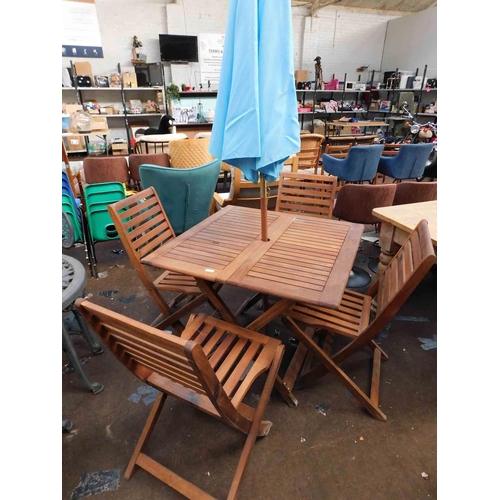 806 - Hardwood garden table + 4 chairs with poarasol