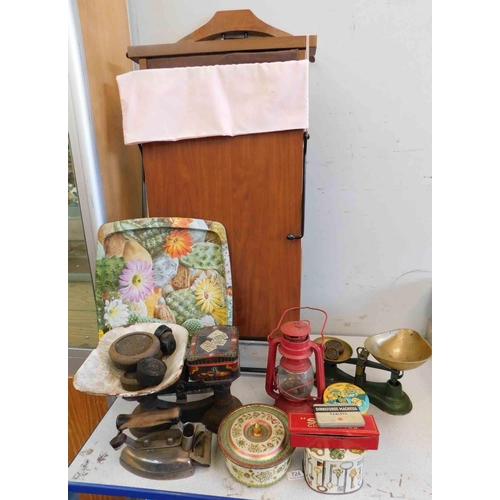 820 - Mixed vintage items inc Trouser press, scales & tins
£1 start - all monies go to Bradford Nightstop ... 