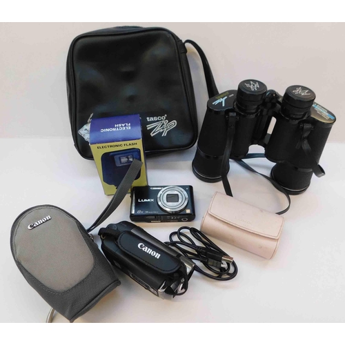 171 - Binoculars/Lumix camera & Canon video hand held camera